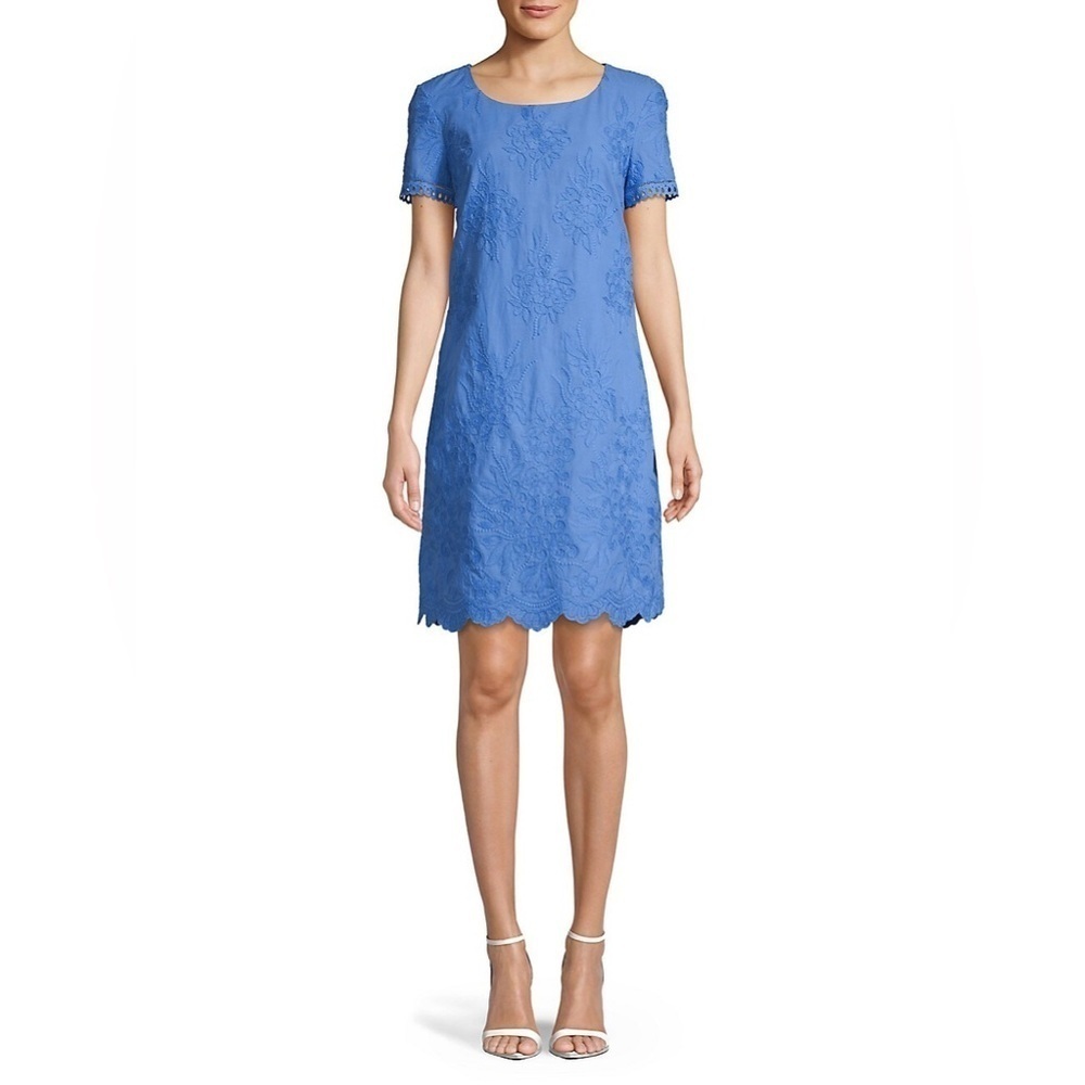 Karl Lagerfeld Tropical Blue Embroidered Cotton Short Sleeve Shift Dress Size 2
